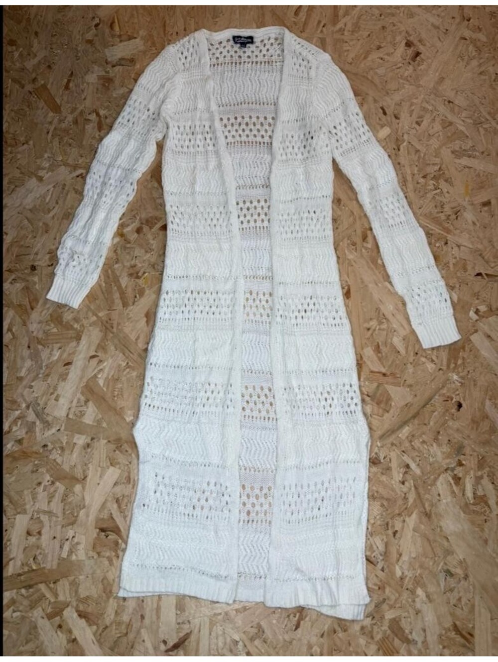 Freshman 1996 Womens XS White Pointelle Open Front Duster Cardigan Sweater Long